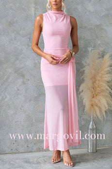 Mockneck Sleeveless Drape Front Maxi Dress