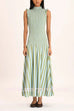 High Neck Sleeveless Smocked Bodice Striped Midi Dress