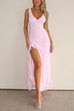 Margovil V Neck Sleeveless Ruffle High Slit Midi Dress