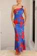One Shoulder Back Cut Out Floral Print Satin Maxi Dress