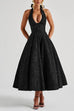 Margovil Halter V Neck Waisted Jacquard Swing Midi Party Dress