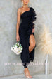 Margovil One Shoulder Slit Ruffle Mesh Maxi Dress