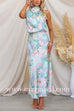 Margovil Irregular Tie Neck Waisted Floral Printed Maxi Satin Dress