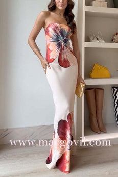 Chic Strapless Tube Floral Print Maxi Party Dress