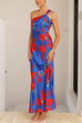 One Shoulder Back Cut Out Floral Print Satin Maxi Dress