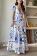 Deep V Neck Puff Sleeves Printed Swing Maxi Dress