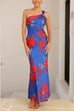 One Shoulder Back Cut Out Floral Print Satin Maxi Dress