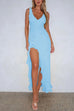 Margovil V Neck Sleeveless Ruffle High Slit Midi Dress