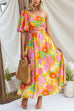 One Shoulder Waisted Floral Print Swing Maxi Holiday Dress