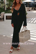 Margovil V Neck Long Sleeves Backless Crochet Hollow Out Knit Maxi Dress
