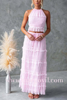 Margovil Ruffle Trim Halter Open Back Crop Top and Drawstring Waist Maxi Skirt Set