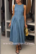 Margovil Open Back Sleeveless A-line Denim Maxi Dress