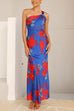 One Shoulder Back Cut Out Floral Print Satin Maxi Dress