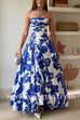 Strapless Ruched Bodice Full Skirt Floral Print Maxi Dress