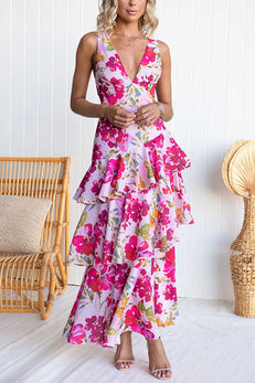 V Neck Back Lace-up Ruffle Layered Floral Print Maxi Cami Dress