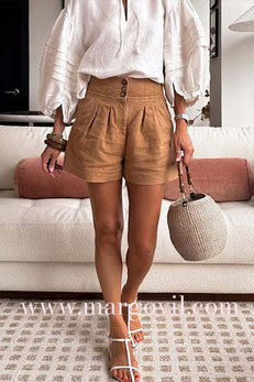 High Rise Tailored Linen Shorts with Button Detail