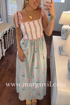 Margovil Tie Shoulder Back Lace-up Striped Floral Maxi Cami Dress