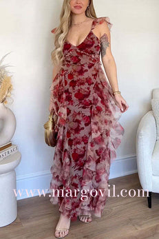 V Neck Sleeveless Floral Print Ruffles Maxi Dress