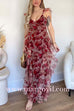 V Neck Sleeveless Floral Print Ruffles Maxi Dress