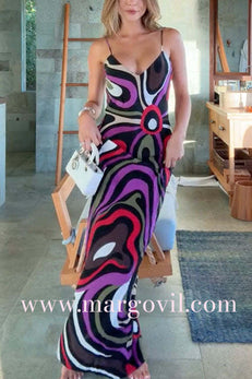 Spaghetti Straps Side Slit Abstract Print Maxi Dress