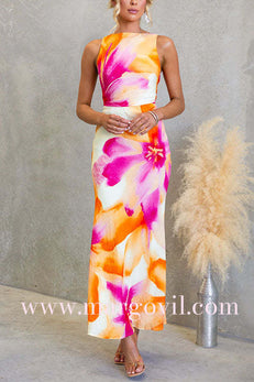 Sleeveless Open Back Waisted Floral Print Maxi Dress
