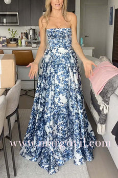 Margovil Strapless Back Lace-up Print Maxi Party Dress