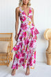 V Neck Back Lace-up Ruffle Layered Floral Print Maxi Cami Dress