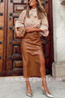 Margovil Casual Ruched Side Split Leather Skirt
