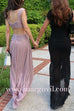 V Neck One Shoulder Cut Out Waist Metallic Maxi Party Dress