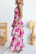 V Neck Back Lace-up Ruffle Layered Floral Print Maxi Cami Dress