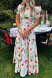 Ruffle Short Sleeves Tie Back Strawberry Print Swing Maxi Dress