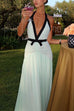 Margovil Deep V Neck Halter Backless Color Block Bow Maxi Dress