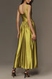 U Neck Sleeveless Pleated Satin Maxi Dress