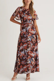 Crewneck Flare Sleeves Ruched Print Maxi Dress