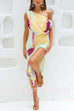 Asymmetric Shoulder Waisted Tie Dye Slit Maxi Dress