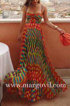Spaghetti Strap Contrast Print Swing Maxi Vacation Dress