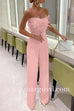 Margovil Off Shoulder Feather Splice Belted Jumpsuit
