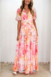 V Neck Puff Sleeves Ruched Waist Printed Maxi Dress