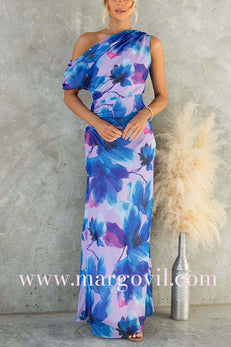 Asymmetric One Shoulder Ruched Waist Floral Print Maxi Dress