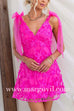 V Neck Bow Shoulder Floral Embroidered Mesh Mini Dress