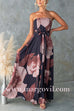 Strapless Tie Waist Floral Print Flowy Maxi Dress