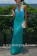 Deep V Neck Halter Open Back Color Block Satin Maxi Dress