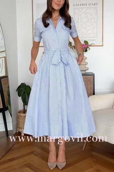 Short Sleeves Button Down Tie Waist Striped A-line Midi Dress