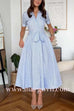 Short Sleeves Button Down Tie Waist Striped A-line Midi Dress