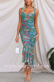 Margovil Mesh Overlay Ruched Floral Bodycon Midi Cami Dress