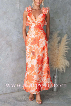 V Neck Back Lace-up Ruffle Trim Floral Print Maxi Dress