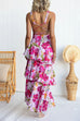V Neck Back Lace-up Ruffle Layered Floral Print Maxi Cami Dress