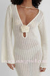 Margovil V Neck Long Sleeves Backless Crochet Hollow Out Knit Maxi Dress