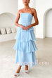 Margovil Strapless Empire Waist Ruffle Layered Maxi Dress