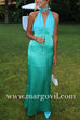 Deep V Neck Halter Open Back Color Block Satin Maxi Dress
